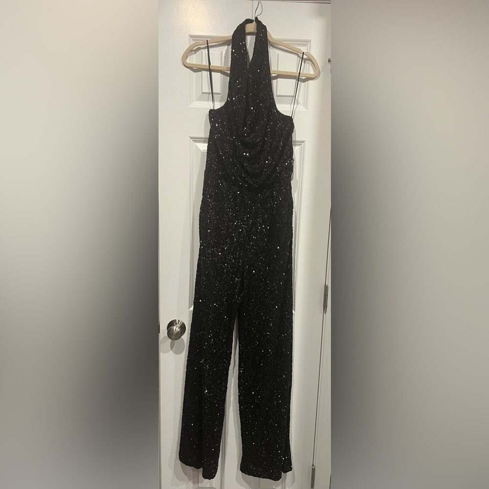 Express Sequin Halter Cowl Neck Wide Leg Jumpsuit, size S, NEW - Picture 8 of 9